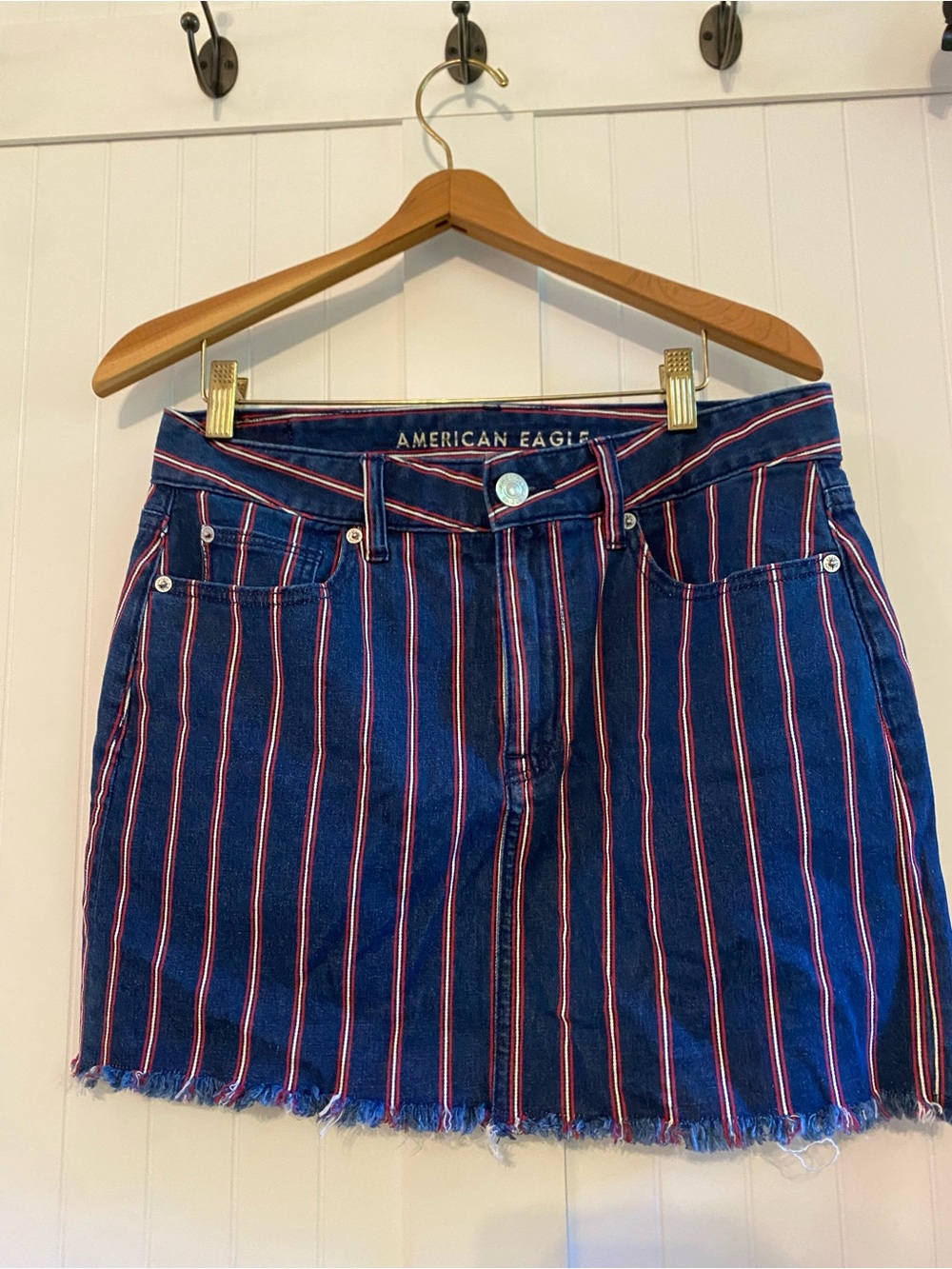 American Eagle Stretch Denim Mini Skirt w/ Red & White Stripes PERFECT for 4th!